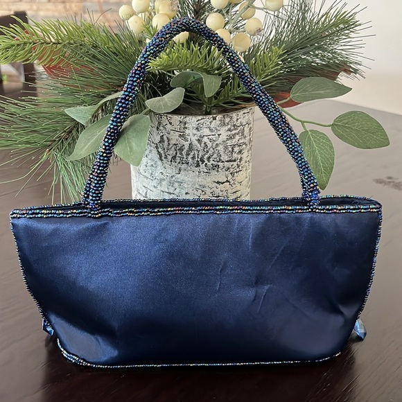 Vintage 1980 Bijoux Terner Elegant Blue Sea Beads & Crystal Handheld Evening Bag - Picture 7 of 15